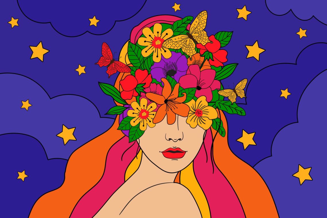 Visage de femme avec cheveux en fleurs