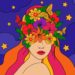 Visage de femme avec cheveux en fleurs