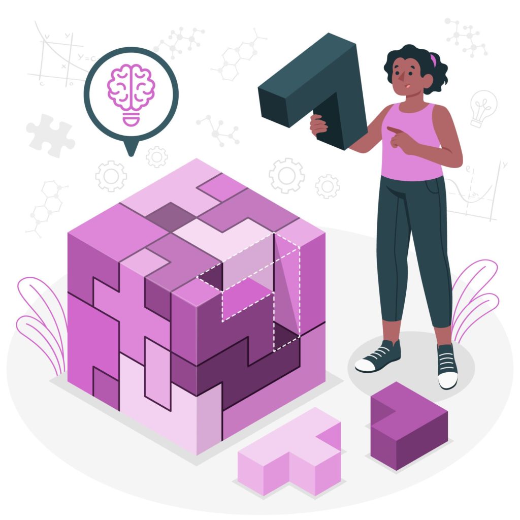Une fille essayant de résoudre un puzzle 3D