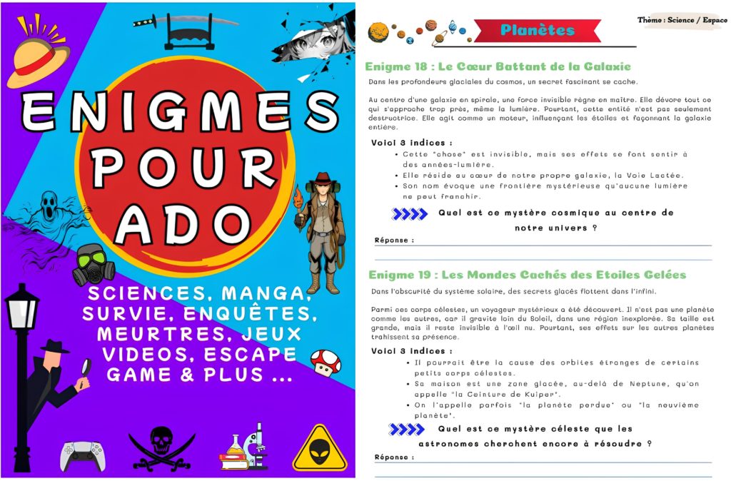Couverture du livre d'énigmes pour ado et un exemple d'une page avec des énigmes